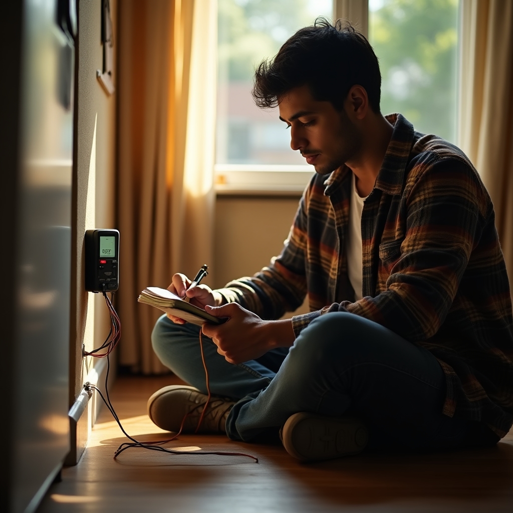 Persona anotando datos de consumo eléctrico durante una revisión energética casera